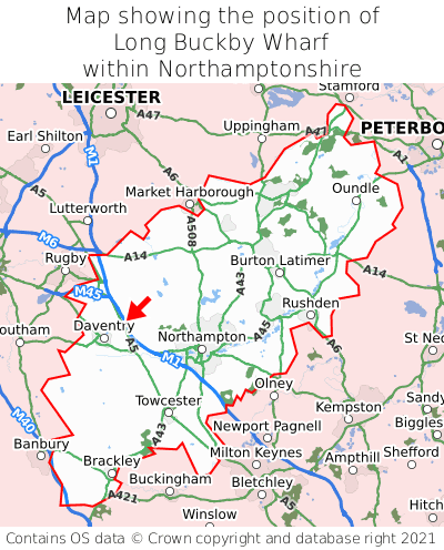 Map showing location of Long Buckby Wharf within Northamptonshire