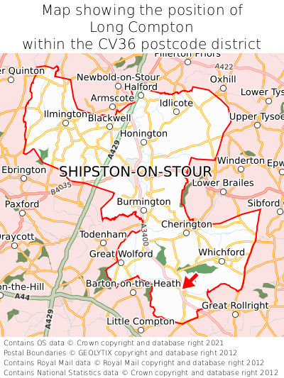 Map showing location of Long Compton within CV36