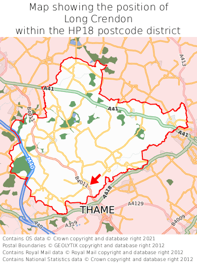 Map showing location of Long Crendon within HP18