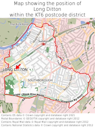 Map showing location of Long Ditton within KT6