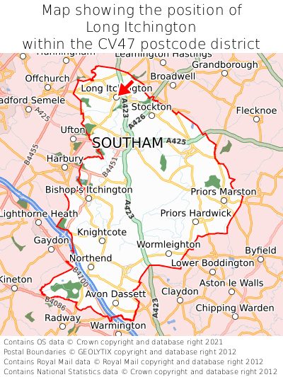 Map showing location of Long Itchington within CV47