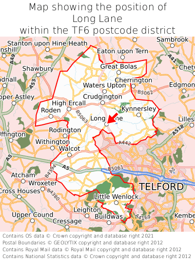 Map showing location of Long Lane within TF6