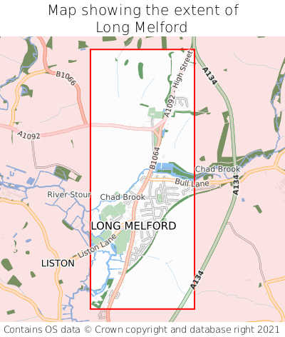 Map showing extent of Long Melford as bounding box
