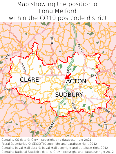 Map showing location of Long Melford within CO10