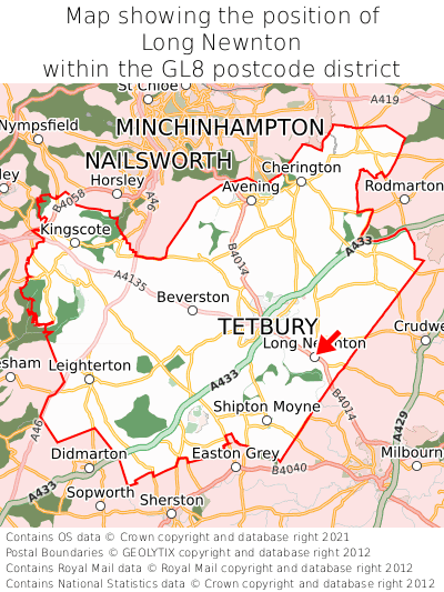 Map showing location of Long Newnton within GL8
