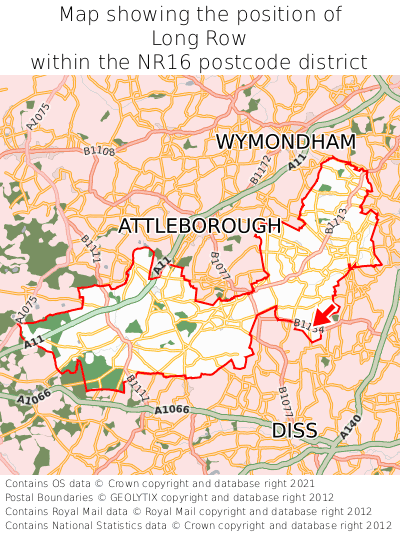 Map showing location of Long Row within NR16