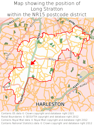 Map showing location of Long Stratton within NR15