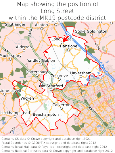Map showing location of Long Street within MK19