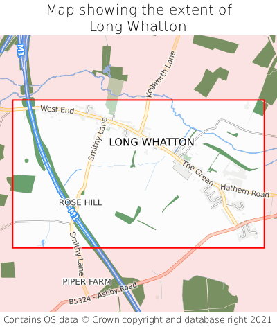 Map showing extent of Long Whatton as bounding box