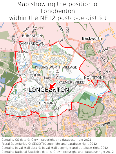 Map showing location of Longbenton within NE12