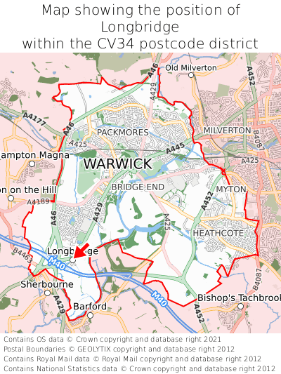 Map showing location of Longbridge within CV34