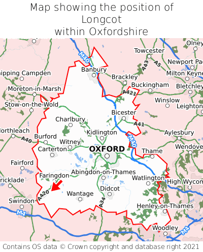 Map showing location of Longcot within Oxfordshire