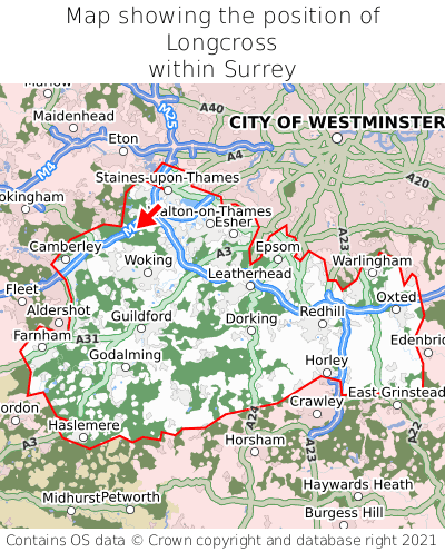 Map showing location of Longcross within Surrey