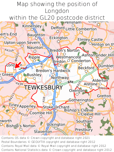 Map showing location of Longdon within GL20