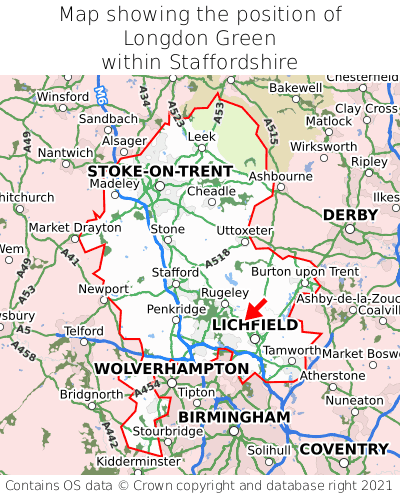 Map showing location of Longdon Green within Staffordshire