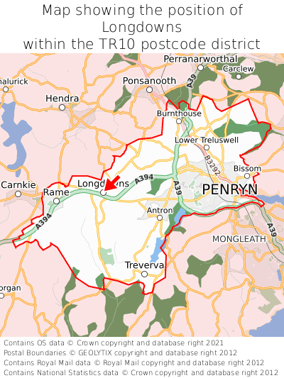 Map showing location of Longdowns within TR10