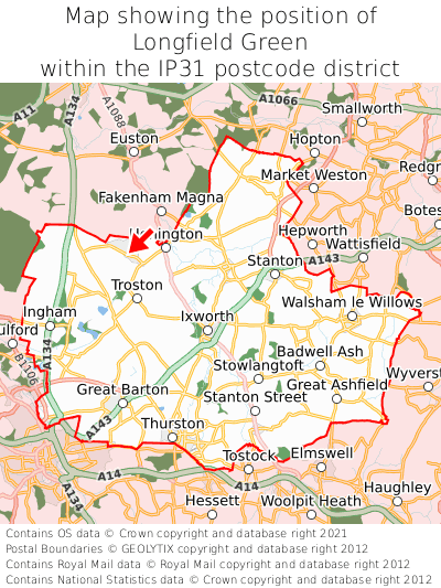 Map showing location of Longfield Green within IP31
