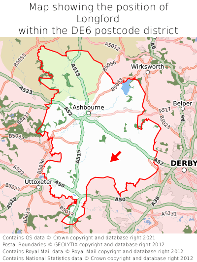 Map showing location of Longford within DE6