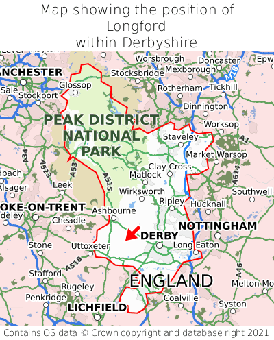 Map showing location of Longford within Derbyshire