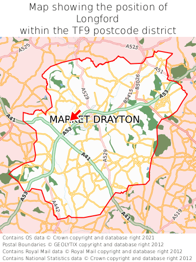 Map showing location of Longford within TF9