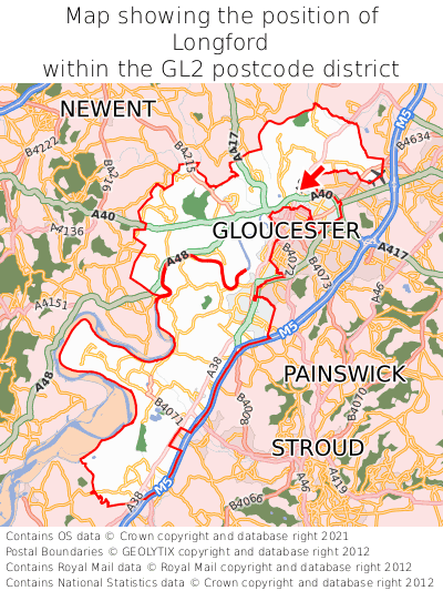 Map showing location of Longford within GL2