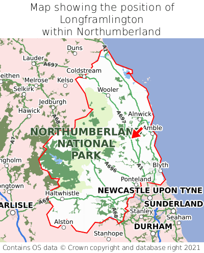 Map showing location of Longframlington within Northumberland