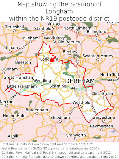 Map showing location of Longham within NR19