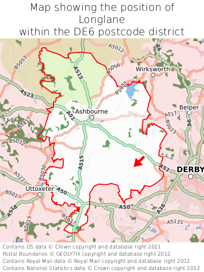 Map showing location of Longlane within DE6