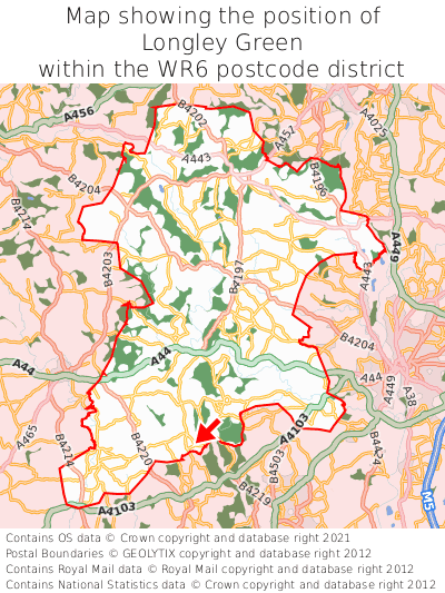 Map showing location of Longley Green within WR6