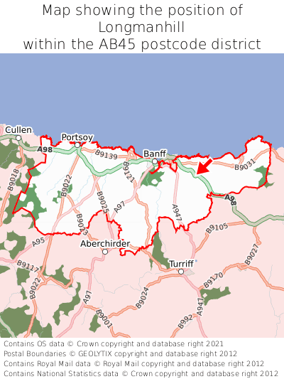 Map showing location of Longmanhill within AB45