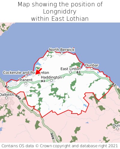 Map showing location of Longniddry within East Lothian