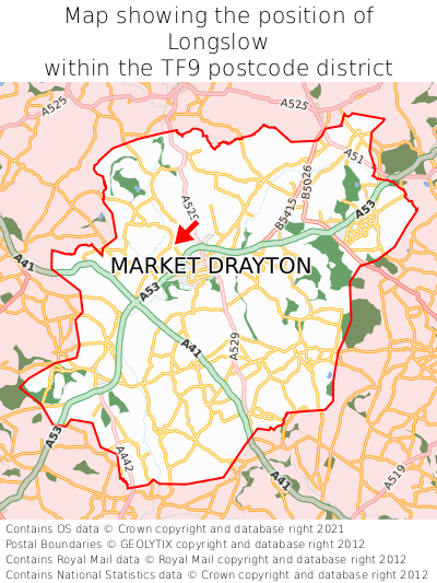 Map showing location of Longslow within TF9