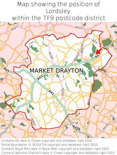 Map showing location of Lordsley within TF9