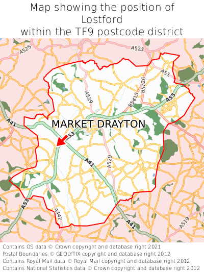 Map showing location of Lostford within TF9