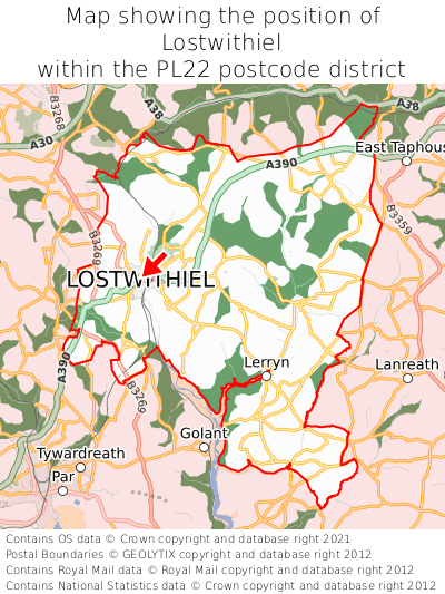 Map showing location of Lostwithiel within PL22