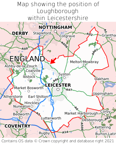 Map showing location of Loughborough within Leicestershire