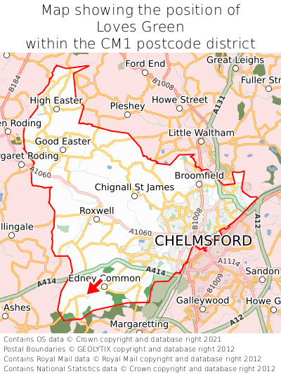 Map showing location of Loves Green within CM1