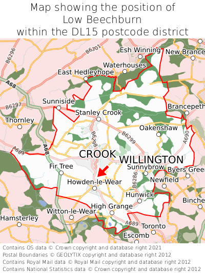 Map showing location of Low Beechburn within DL15