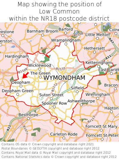 Map showing location of Low Common within NR18