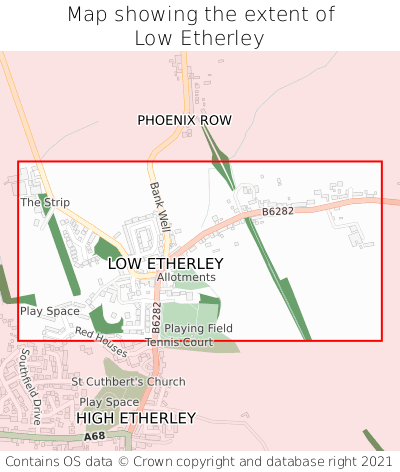 Map showing extent of Low Etherley as bounding box