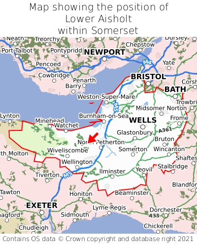 Map showing location of Lower Aisholt within Somerset