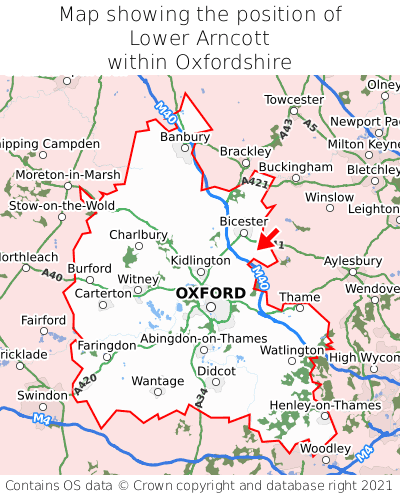 Map showing location of Lower Arncott within Oxfordshire