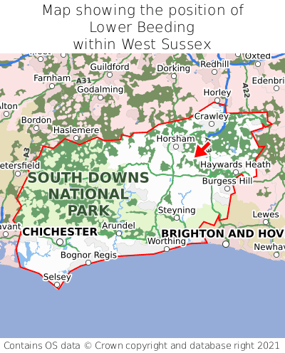 Map showing location of Lower Beeding within West Sussex