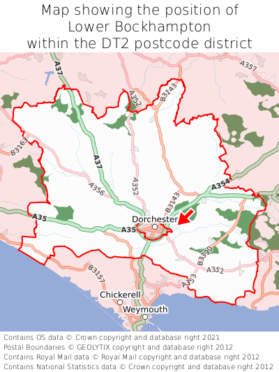 Map showing location of Lower Bockhampton within DT2