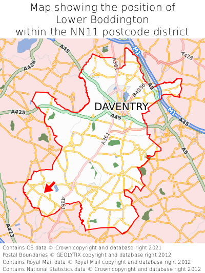 Map showing location of Lower Boddington within NN11