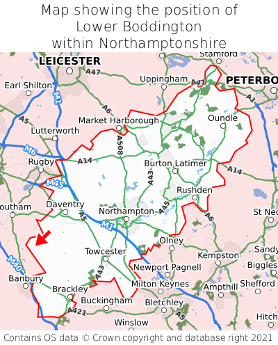 Map showing location of Lower Boddington within Northamptonshire