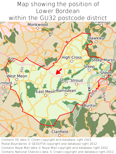 Map showing location of Lower Bordean within GU32