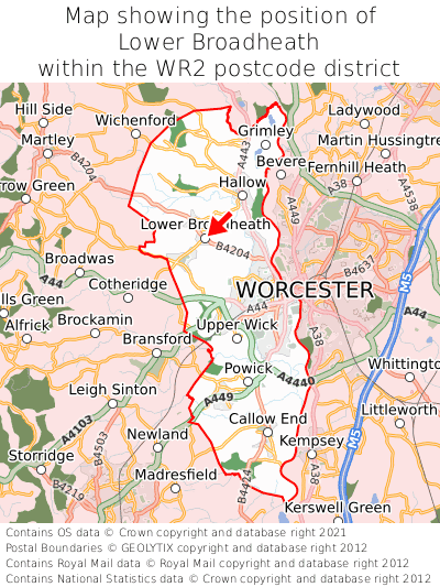 Map showing location of Lower Broadheath within WR2