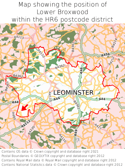 Map showing location of Lower Broxwood within HR6