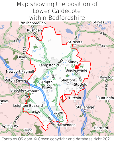 Map showing location of Lower Caldecote within Bedfordshire